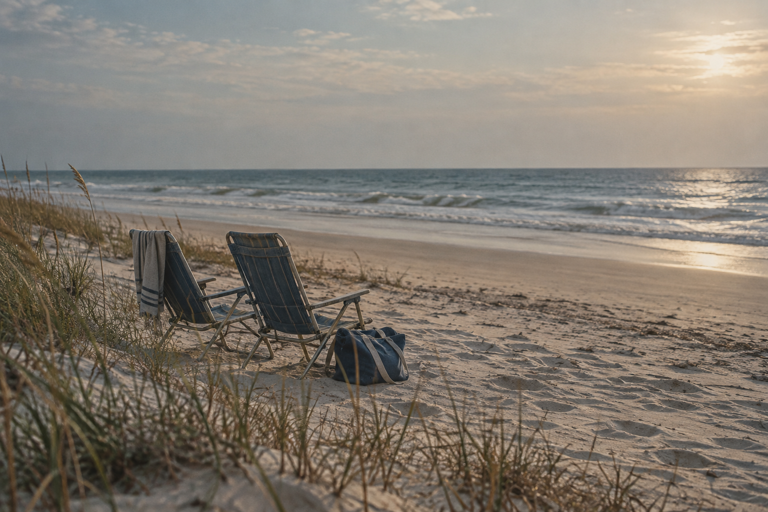 AI-generated illustration in photographic style of two empty chairs beside a quiet beach.