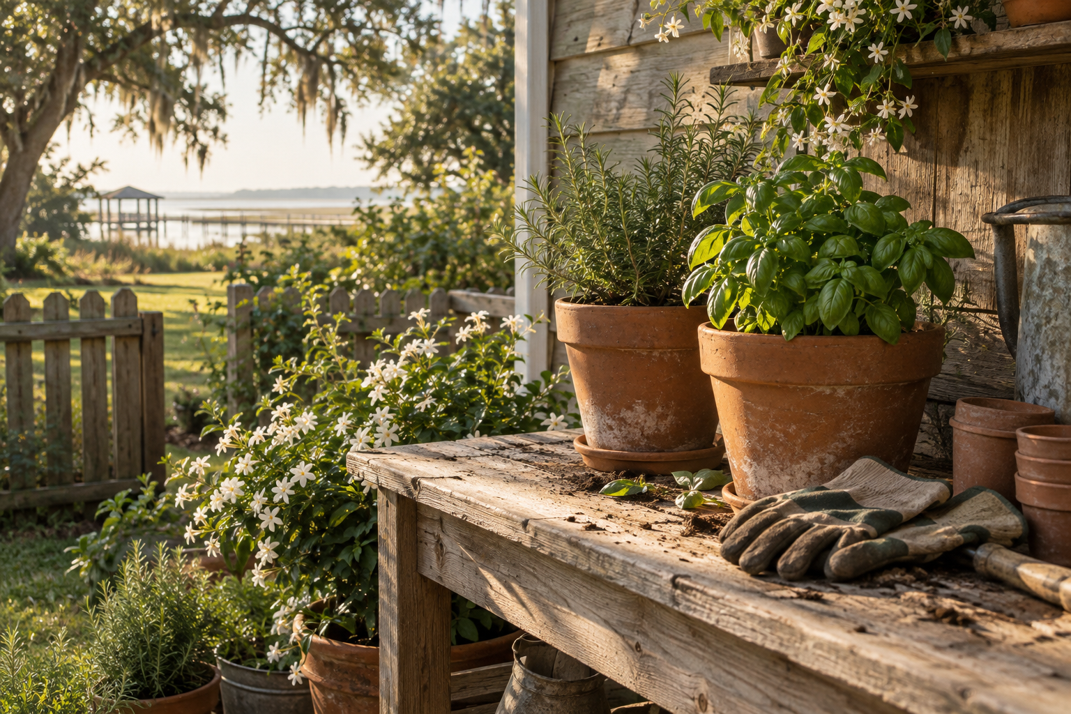 AI-generated illustration in photographic style of herbs in terracotta pots on a garden bench.