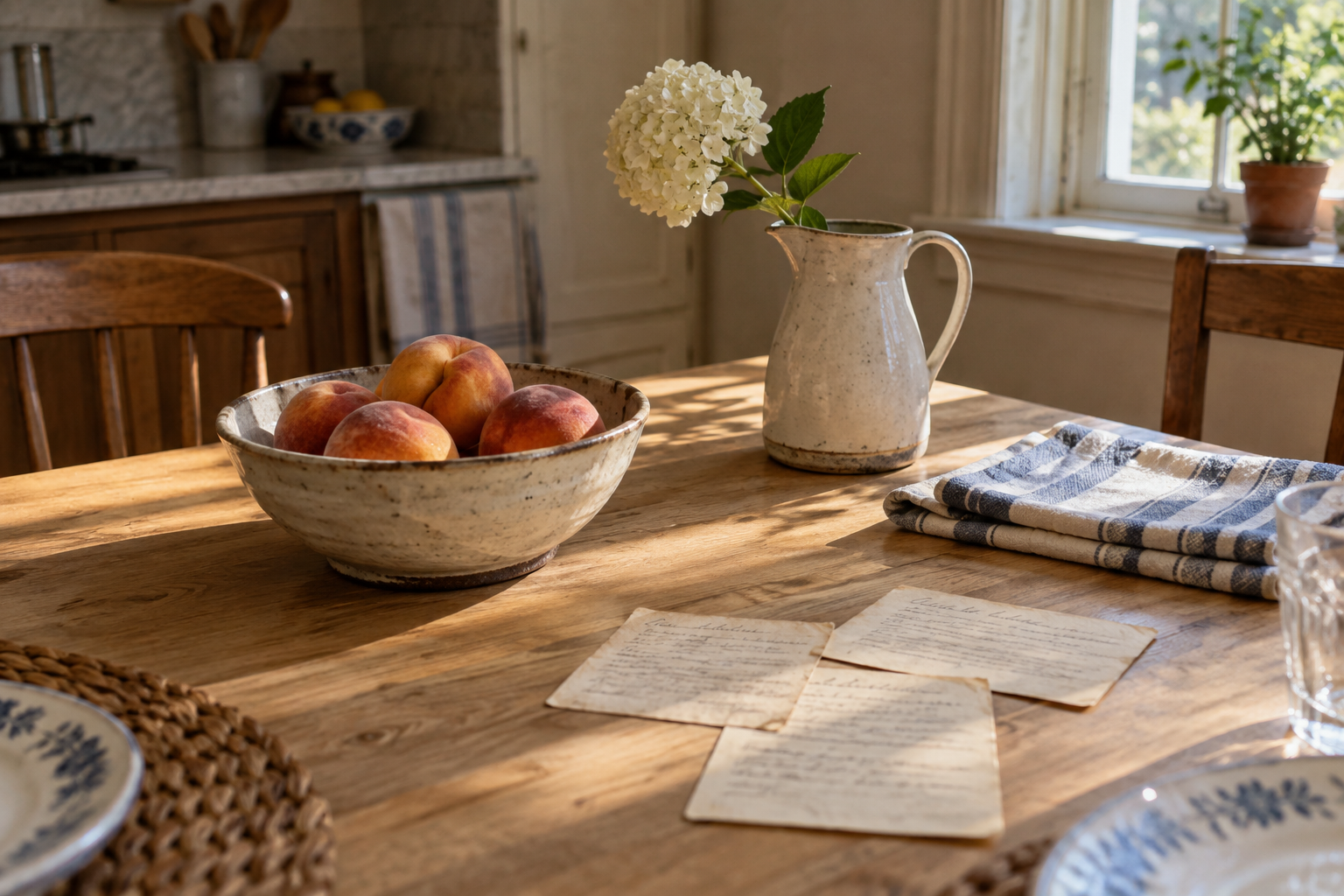 AI-generated illustration in photographic style of a sunlit table with peaches, a striped cloth and recipe cards.