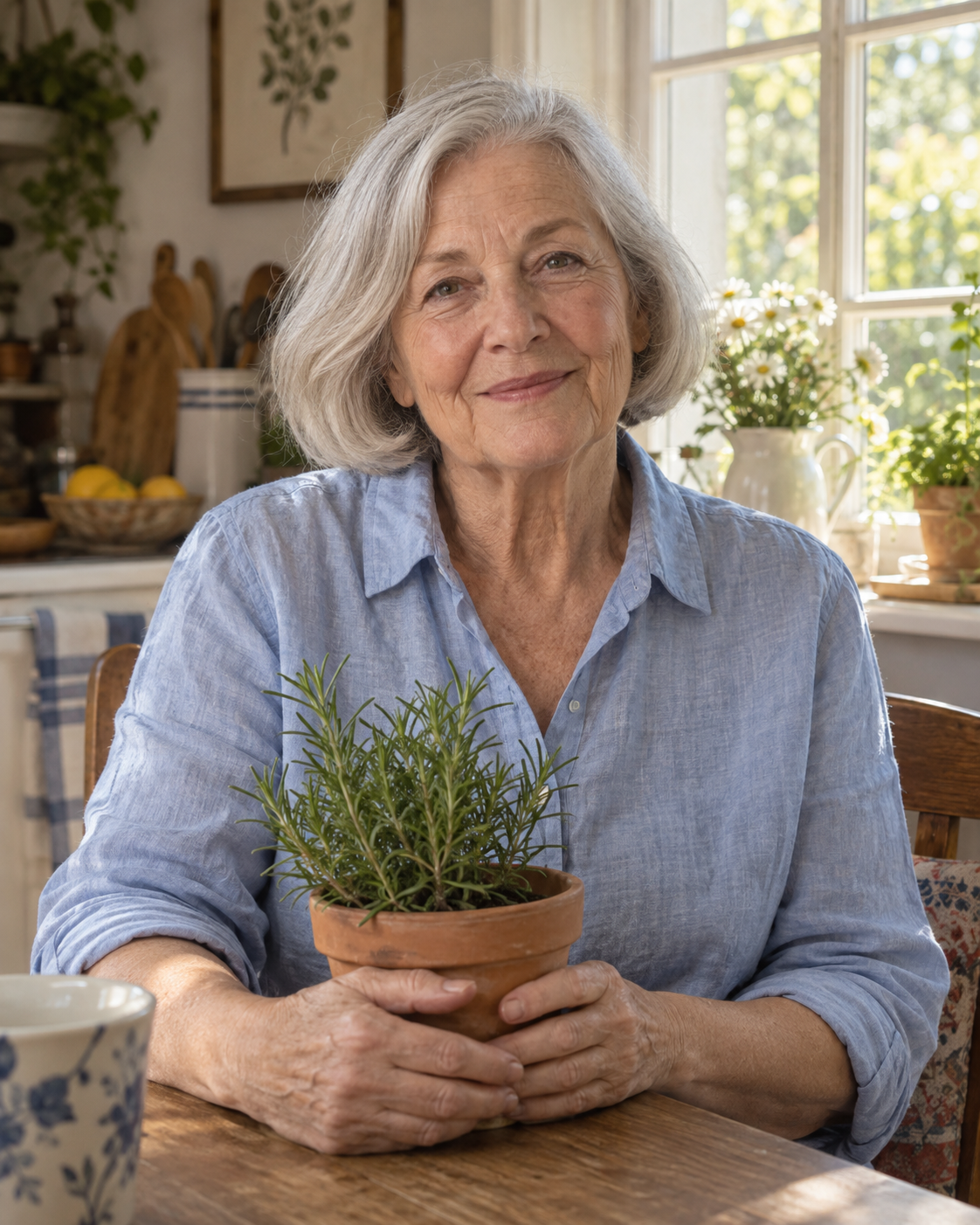 AI-generated fictional older woman with silver hair and a blue shirt, holding a pot of rosemary.